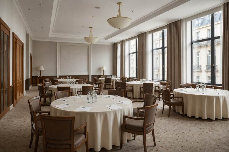Pusta sala hotelowa ze stołami i światłem dziennym